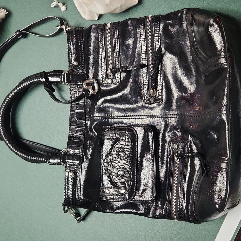 Brighton Tote, Black Patent, handles and cross body strap